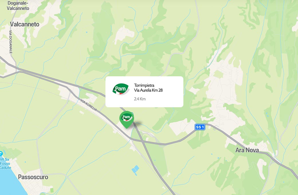 Mappa - Supermercato PAM - Via Aurelia, Km 28 Torrimpietra (RM) - Rivenditore Cimina Funghi